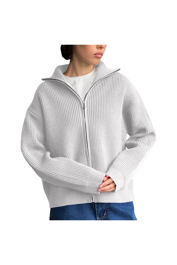 Zip up Cardigans for Women Fall Trendy Long Sleeve Chunky Sweater Cardigan Knit Open Front Collared Zipper Sweaters Coat (S, White)