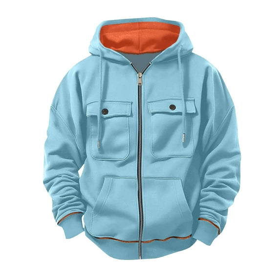 Zip up Cargo Hoodies for Men Long Sleeve Outdoor Warm Tactical Casual Athletic Loose Hooded Jackets Sky Blue XXL
