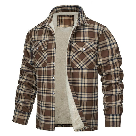 Zip up Hoodie Men Oversize Men's Long Sleeve Fleece Lined Plaid Shirt Jacket Classic Casual Thick Warm Flannel Shacket Coats Khaki XL