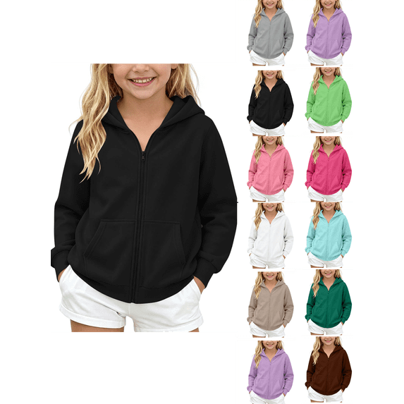 Zip up Hoodie Nelozsy Kids Solid‑Color Zip‑Up Hooded Sweatshirt, Fleece‑Lined Warm Casual Sports Jacket for Winter Black 5-6 Years