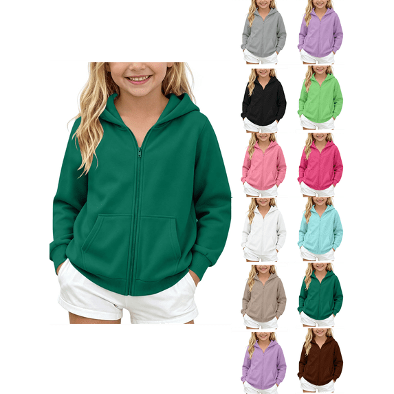 Zip up Hoodie Nelozsy Kids Solid‑Color Zip‑Up Hooded Sweatshirt, Fleece‑Lined Warm Casual Sports Jacket for Winter Green 5-6 Years