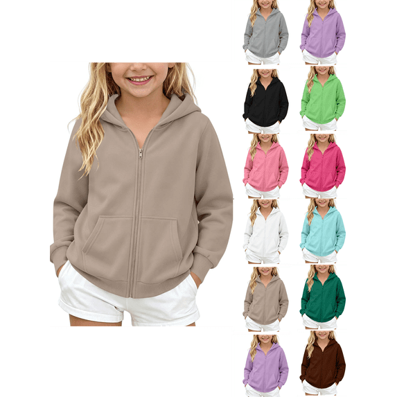 Zip up Hoodie Nelozsy Kids Solid‑Color Zip‑Up Hooded Sweatshirt, Fleece‑Lined Warm Casual Sports Jacket for Winter Khaki 5-6 Years