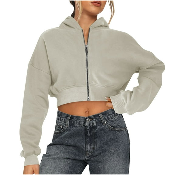 Zip up Hoodie Women Cropped Casual Sweatshirts Workout Long Sleeve Drawstring Hooded Jacket Crop Tops