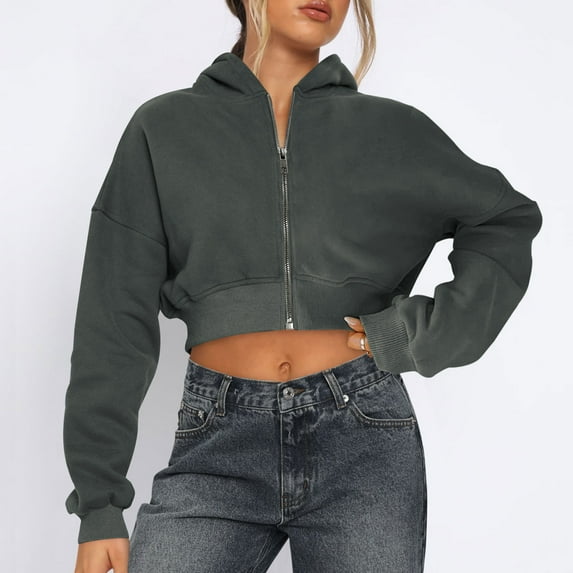 Zip up Hoodie Women Cropped Casual Sweatshirts Workout Long Sleeve Drawstring Hooded Jacket for Women Crop Tops