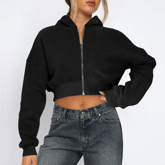 Zip up Hoodie Women Cropped Casual Sweatshirts Workout Long Sleeve Drawstring Hooded Jacket for Women Crop Tops