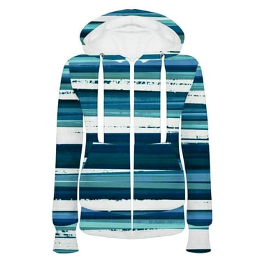 Zip up Hoodie Women Drawstring Color Block Printed Pockets Zipper Hooded Jacket Sweatshirt Fleece Tunic Coat (Small, Blue)