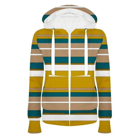Zip up Hoodie Women Drawstring Color Block Printed Pockets Zipper Hooded Jacket Sweatshirt Fleece Tunic Coat (XX-Large, Yellow 02)