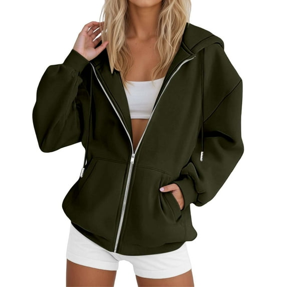 Zip up Hoodie Women Loose Fit Casual Solid Color Drawstring Long Sleeve Jackets with Pockets for Daily Wear and outings Fall and Winter Outfits