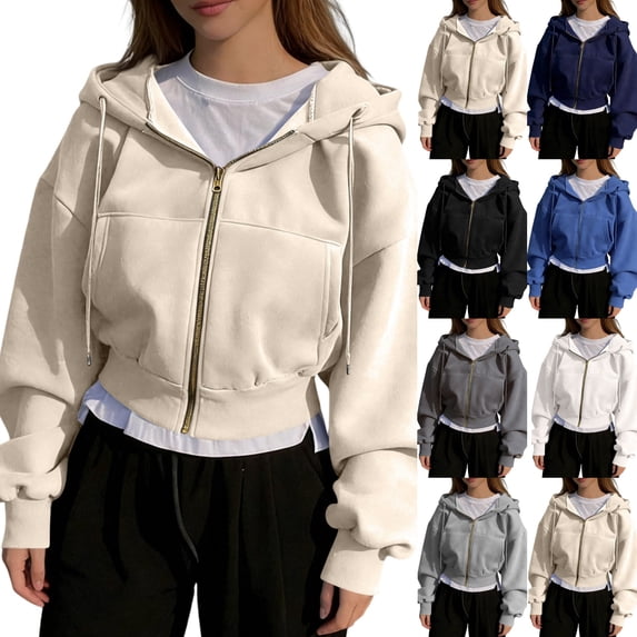 Zip up Hoodie Women Oversized Cropped Plain Sweatshirt Full Zip Drawstring Hooded Slouchy Jacket with Pocket Beige XL
