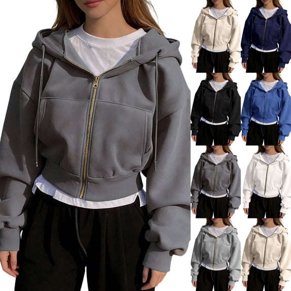 Zip up Hoodie Women Oversized Cropped Plain Sweatshirt Full Zip Drawstring Hooded Slouchy Jacket with Pocket Dark Gray 2XL