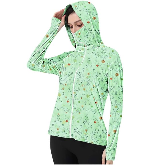 Zip up Hoodies Women Long Sleeve New Floral Thumb Button Sunscreen UPF50+ Casual Jacket Up to 65% off!