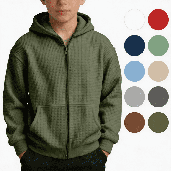 LONKITO Zip-up Hoodies for Boys Waffle Casual Long Sleeve Tops Solid Color Loose Hoodies with Pockets Size 3 Years