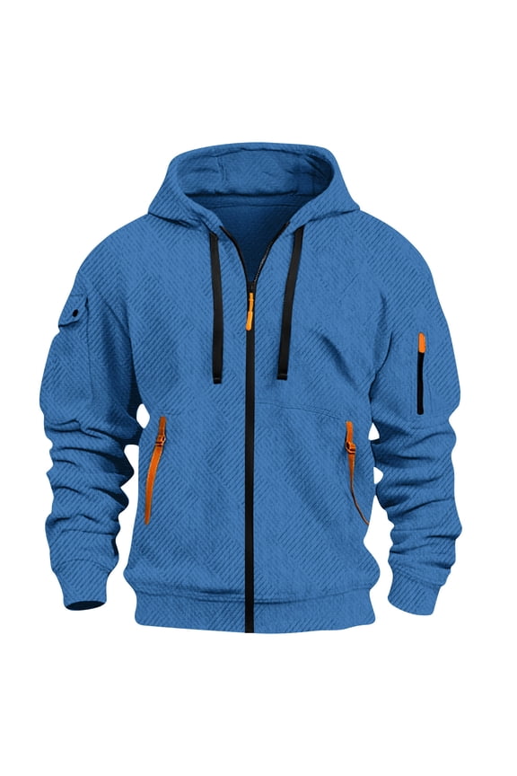 Zip up Hoodies for Men Drawstrings Waffle Knit Sweatshirts with Pockets Autumn Midweight Windproof Long Sleeves Solid Color Outerwear