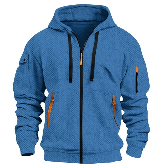 Zip up Hoodies for Men Drawstrings Waffle Knit Sweatshirts with Pockets Autumn Midweight Windproof Long Sleeves Solid Color Outerwear
