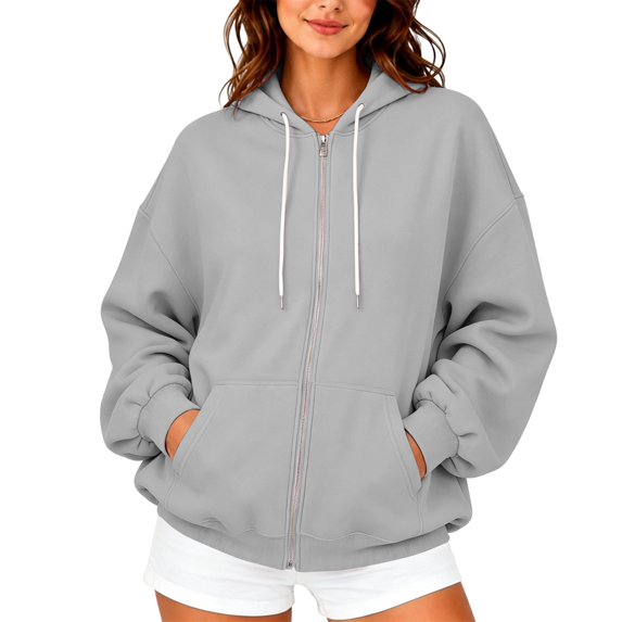 Zip up Hoodies for Women Fall Winter Long Sleeve Drawstring Hooded Sweatshirts Loose Fit Casual Jackets with Pocket 2XL