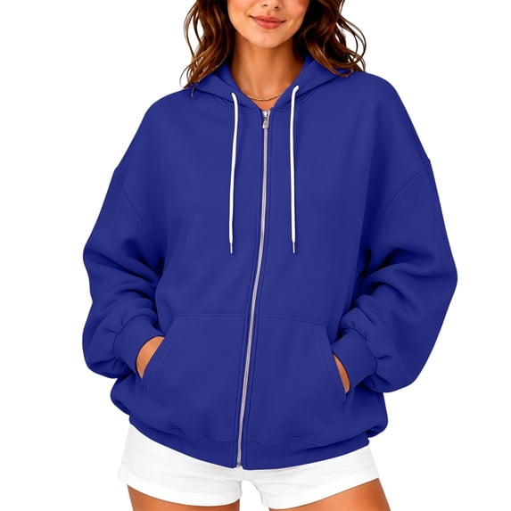 Zip up Hoodies for Women Fall Winter Long Sleeve Drawstring Hooded Sweatshirts Loose Fit Casual Jackets with Pocket L