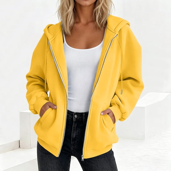 Zip up Hoodies for Women Long Sleeve Sweatshirts Casual Fall Jacket Coat with Pocket,Yellow,L