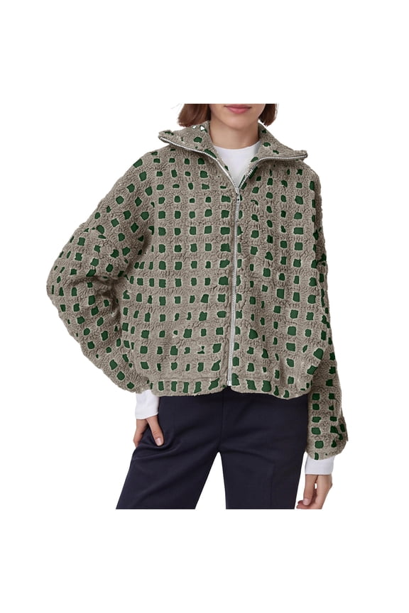 Zip-up Plaid Jackets Women Lapel Collar Long Sleeve Fuzzy Fleece Sweatshirt for Fall Winter Full Zipper Flannel Tops with Pockets