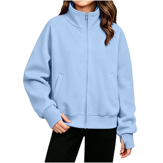 Zip up Sweatshirt Jackets for Girl - Fall Fleece Stand Neck Jacket with Pockets - Long Sleeve No Hood Outerwear