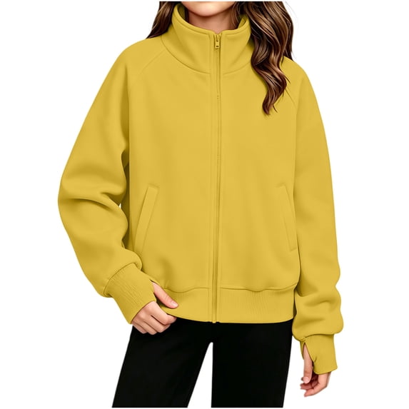 Zip up Sweatshirt Jackets for Girl - Fall Fleece Stand Neck Jacket with Pockets - Long Sleeve No Hood Outerwear