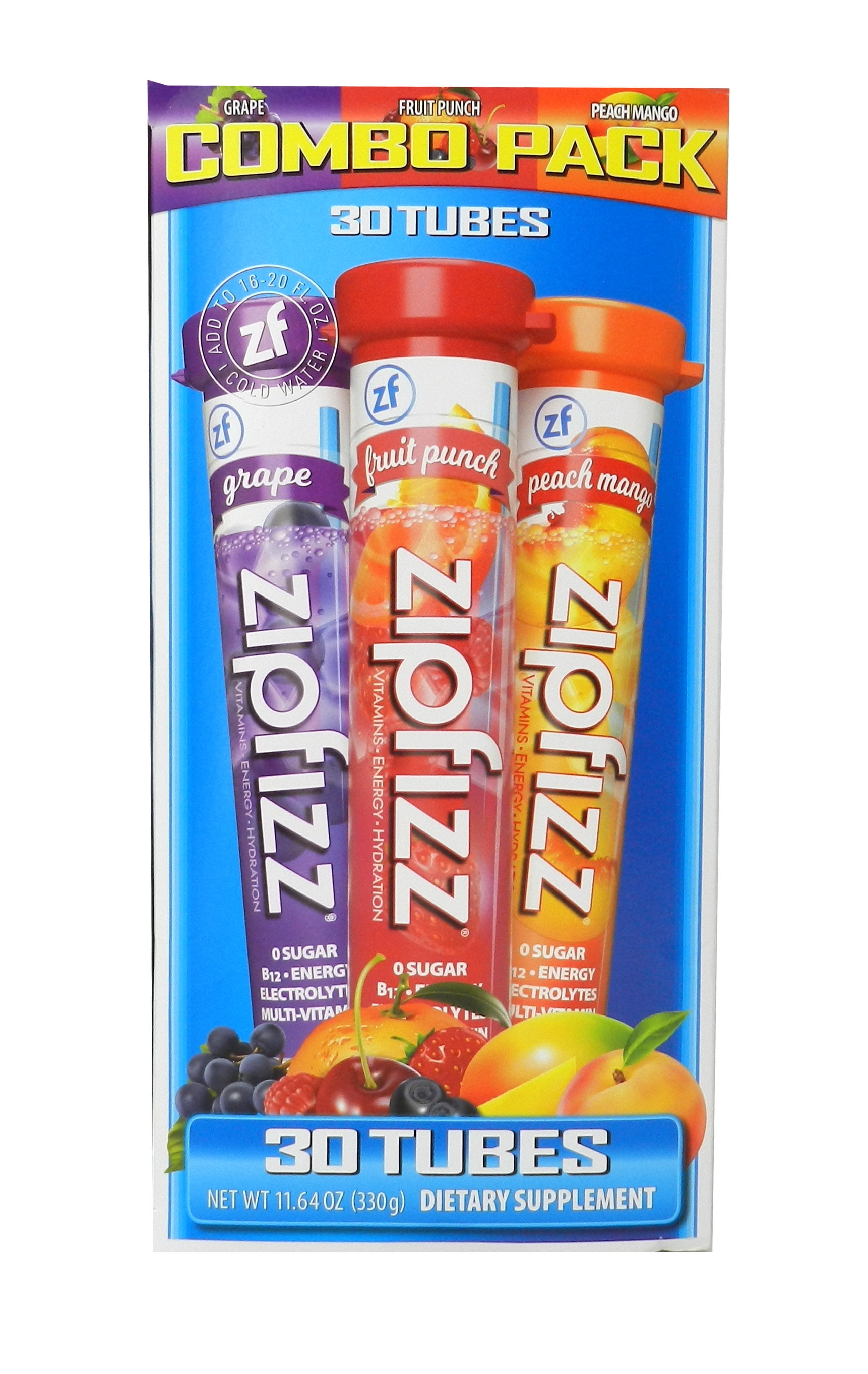 ZipFizz Grape, Fruit Punch & Peach Mango Combo Pack B12 Energy 30 Tubes