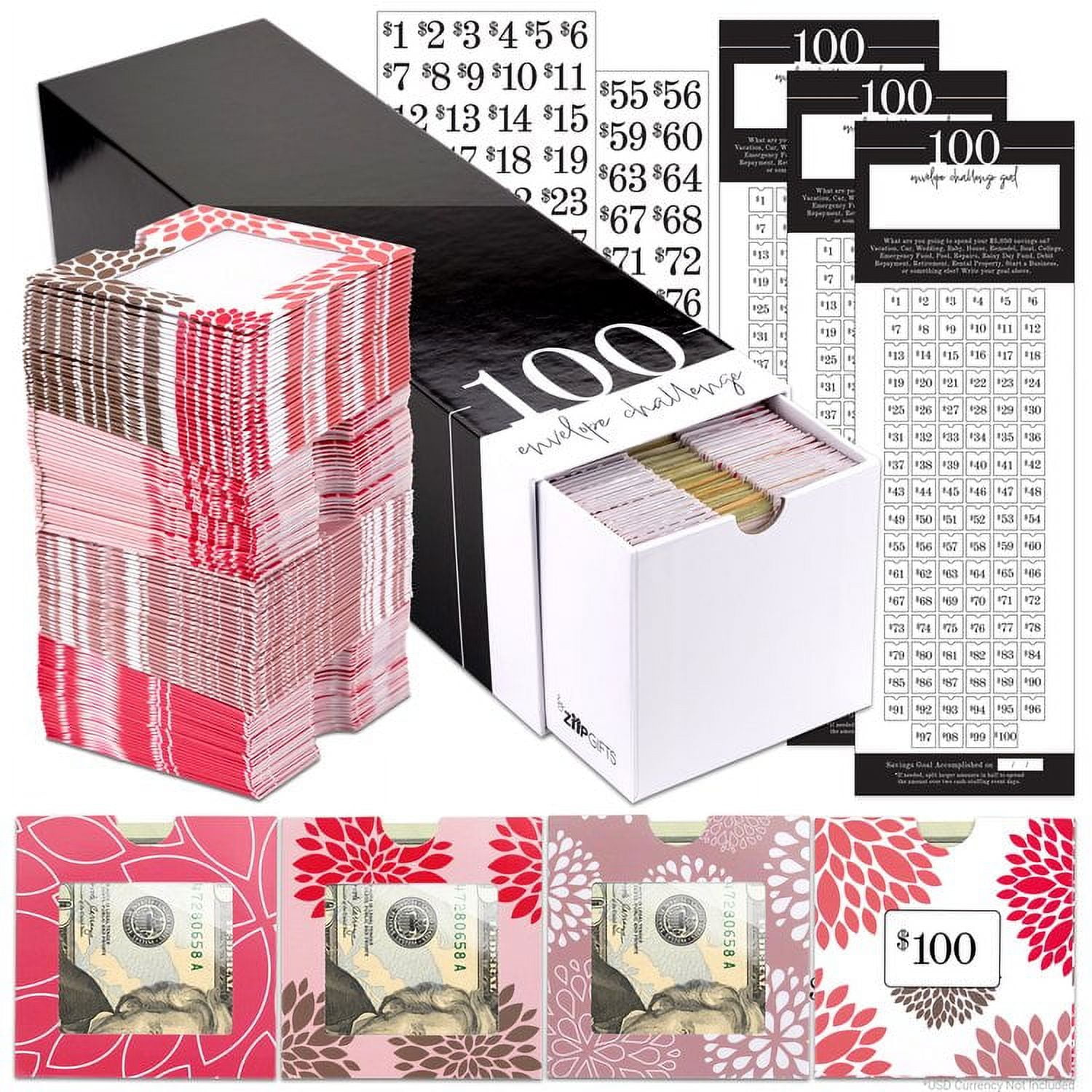 ZipGifts 100 Envelope $5,050 Money Saving Challenge Kit | 108 Premium Card Stock Cash Stuffing Envelopes w/Clear Plastic Window, $ Stickers, 3 Goal/Mark-off Sheets, & Drawer Box (Dahlia)