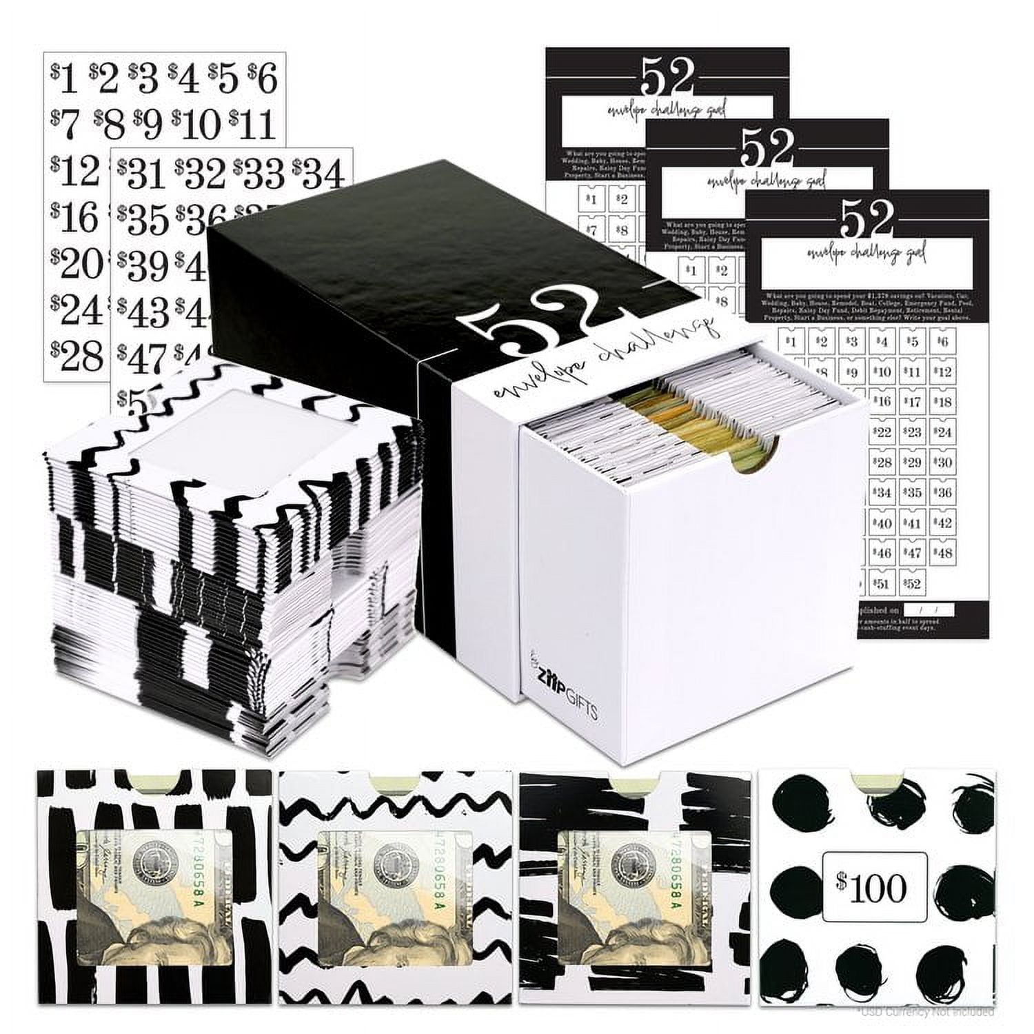 ZipGifts 52 Envelope $1,378 Money Saving Challenge Kit | 56 Premium Card Stock Cash Stuffing Envelopes w/Clear Plastic Windows, $ Stickers, 3 Goal/Mark-off Sheets, & Drawer Box (Dots & Lines)