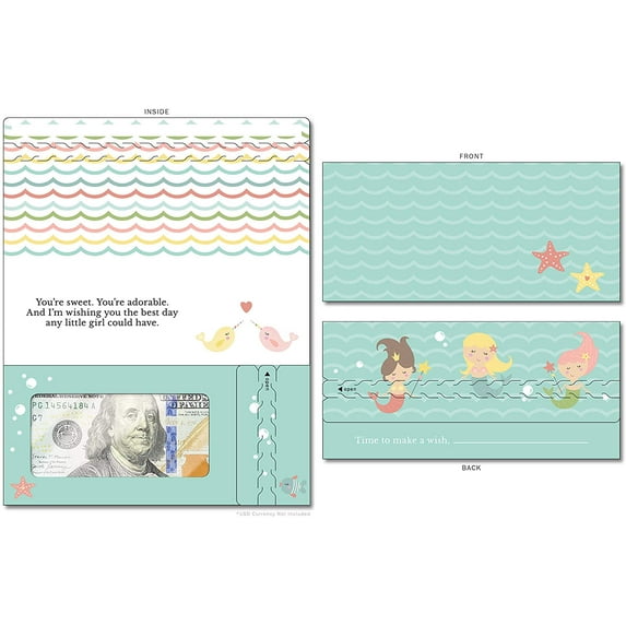 ZipGifts Birthday Card | Zip-Open Money Holder w/Clear Plastic Window for Cash, Check, & Gift Card (Birthday | Mermaid - Sweet & Adorable)