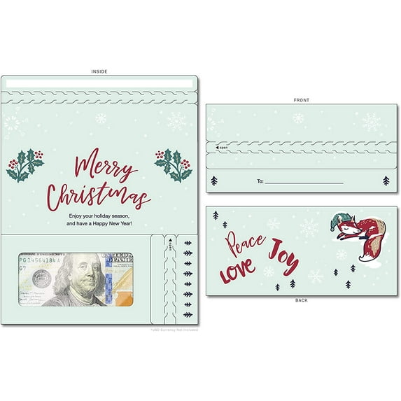 ZipGifts Holiday Card | Zip-Open Money Holder w/Clear Plastic Window for Cash, Check, & Gift Card (Holiday | Fox - Peace, Love & Joy)