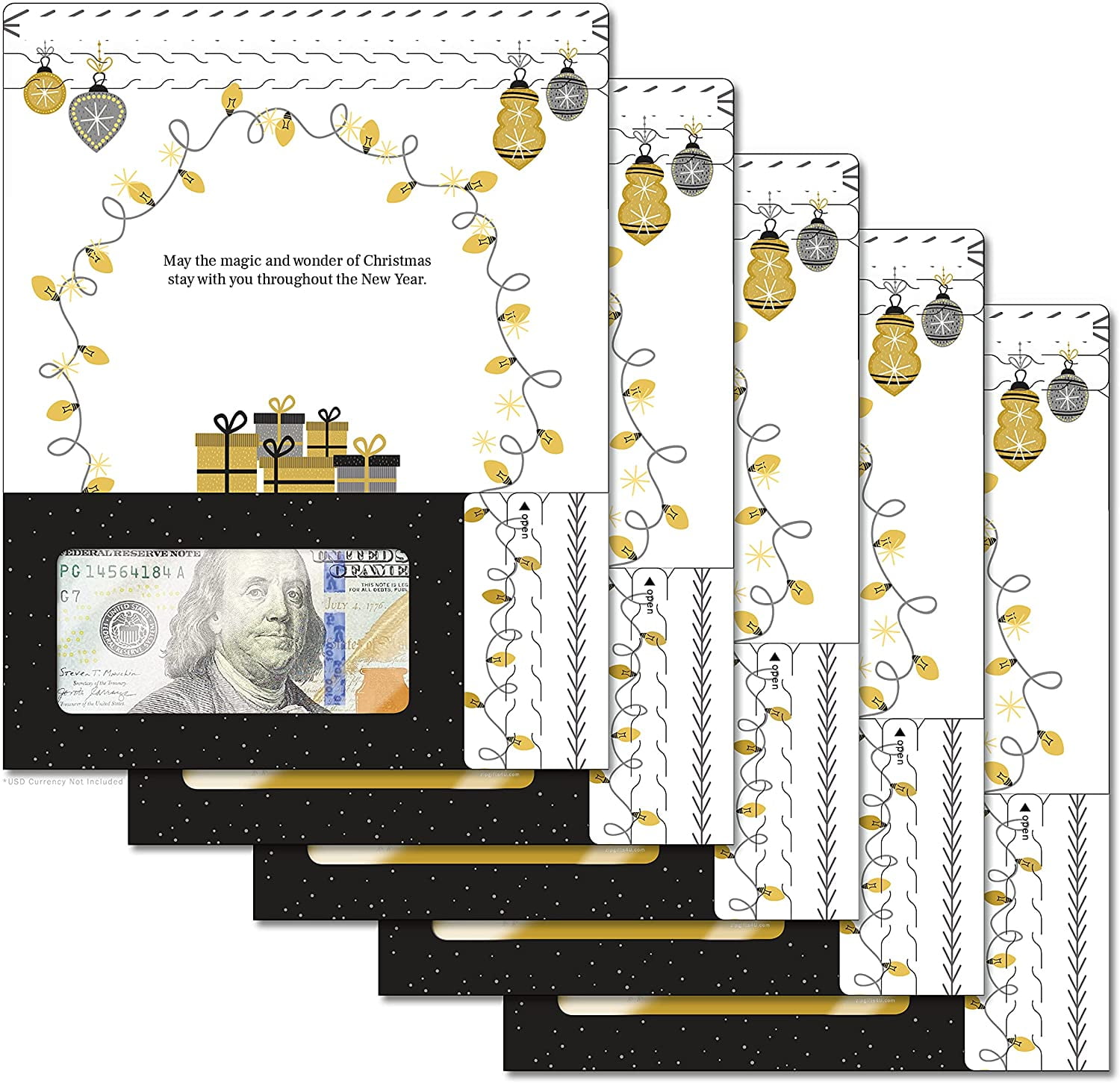 ZipGifts Holiday Card | Zip-Open Money Holder W/Clear Plastic Window For Cash, Check, & Gift Card (Holiday | Magic & Wonder | 5-Pack