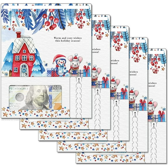 ZipGifts Holiday Card | Zip-Open Money Holder w/Clear Plastic Window for Cash, Check, & Gift Card (Holiday | Warm & Cozy | 5-Pack)