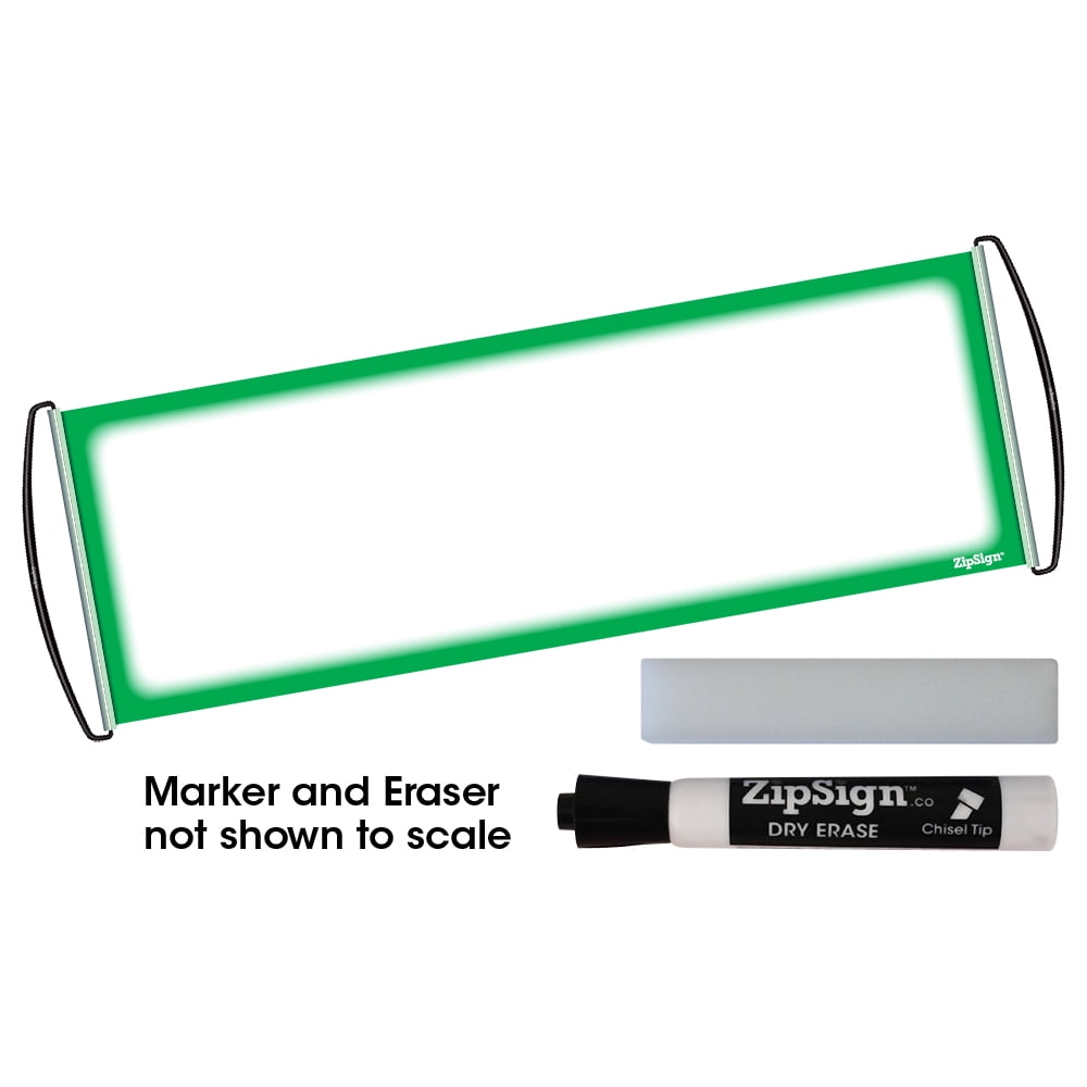 ZipSign Dry Erase Banner Set - Rolls Itself Up, Unrolls to 9.5” x 27”, Reusable, Portable, Fits in Your Pocket - Includes Green Banner, Black Dry Erase Marker and Eraser