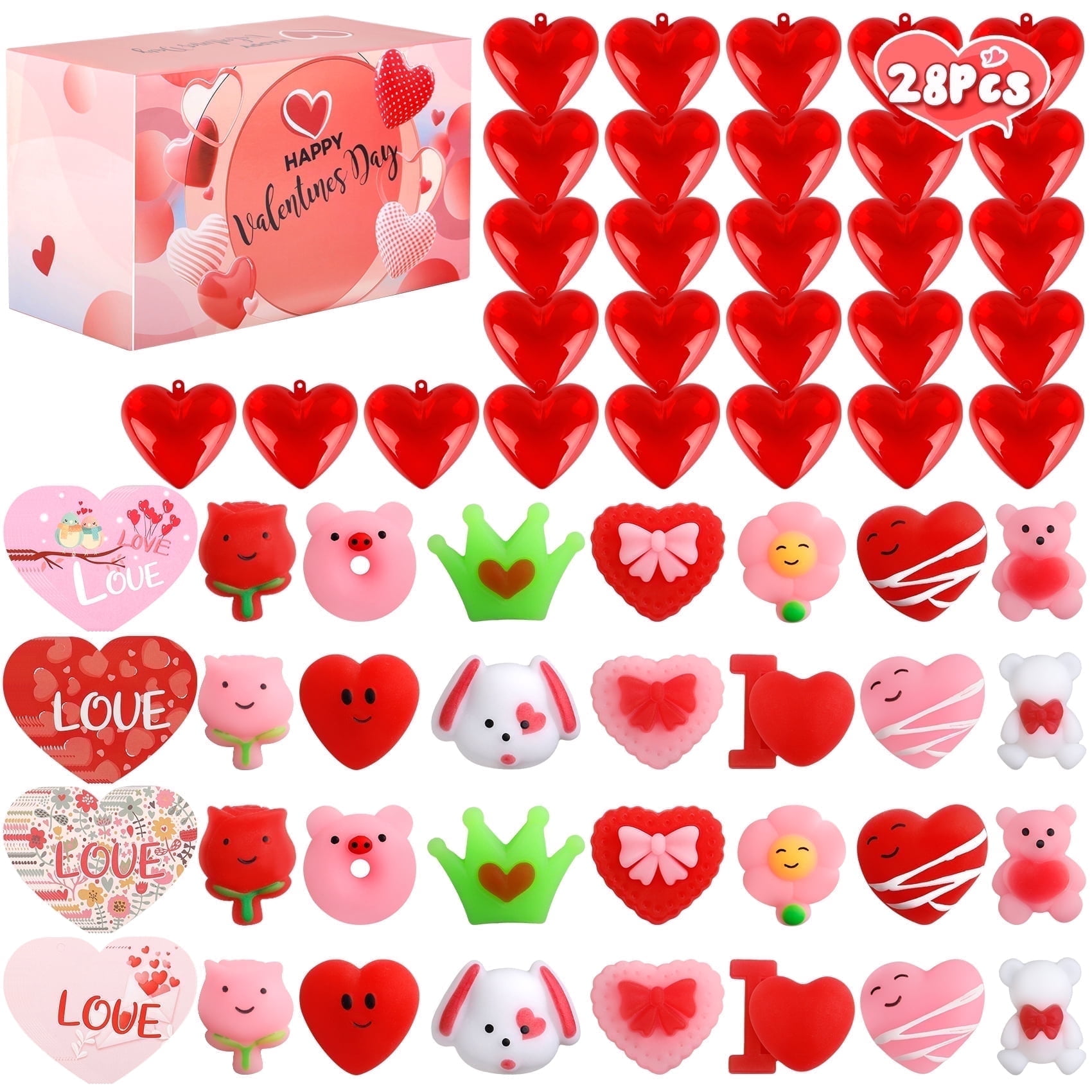 Ziparty 28 Pakes Valentines Gifts for kids, Stress Relief Filled Hearts Mochi Squishy Toys, Valentines Party Favors for Kids Classroom Exchange Cards Gifts