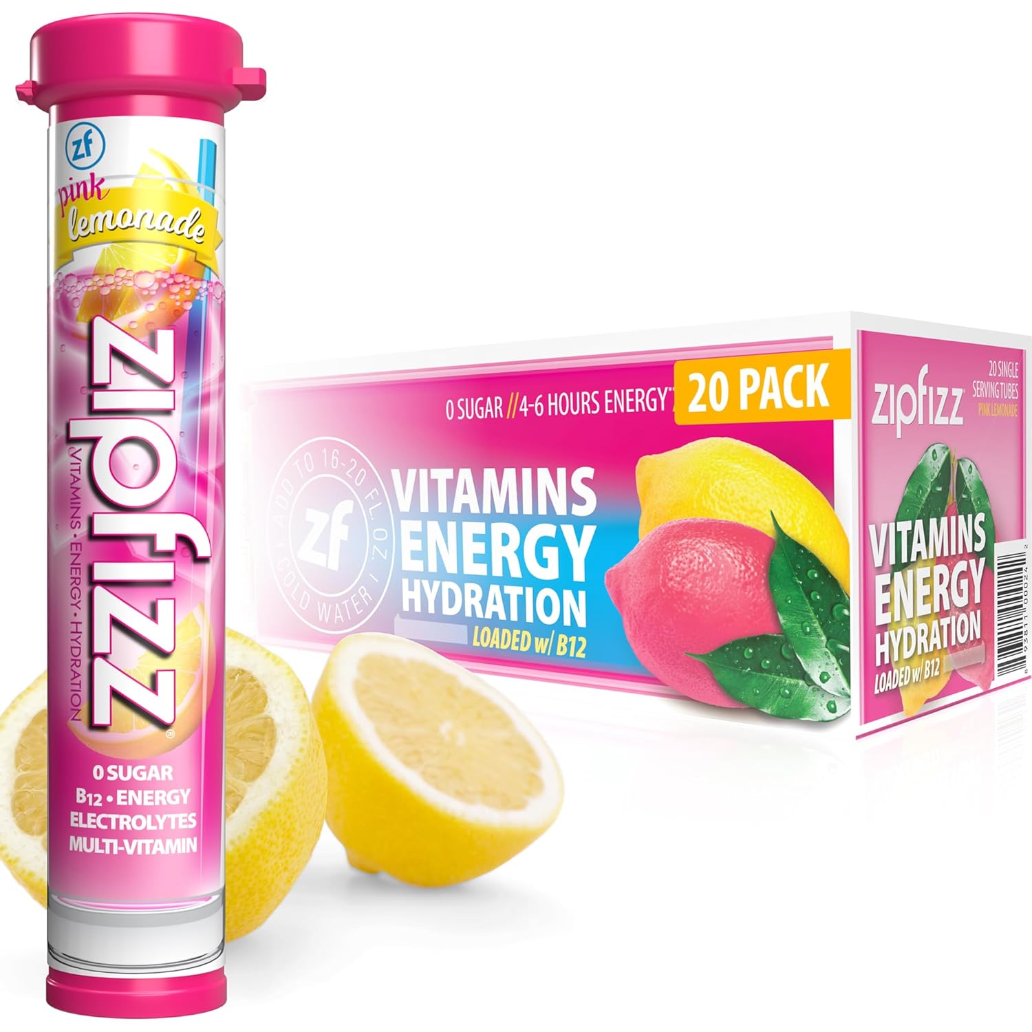 Zipfizz Daily Energy Drink Powder, Pink Lemonade, 20 Pack 3in1