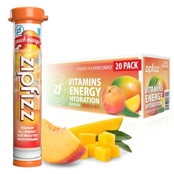 Zipfizz Energy Drink Mix, Electrolyte Hydration Powder with B12 and Multi Vitamin, Peach Mango (20 Pack)
