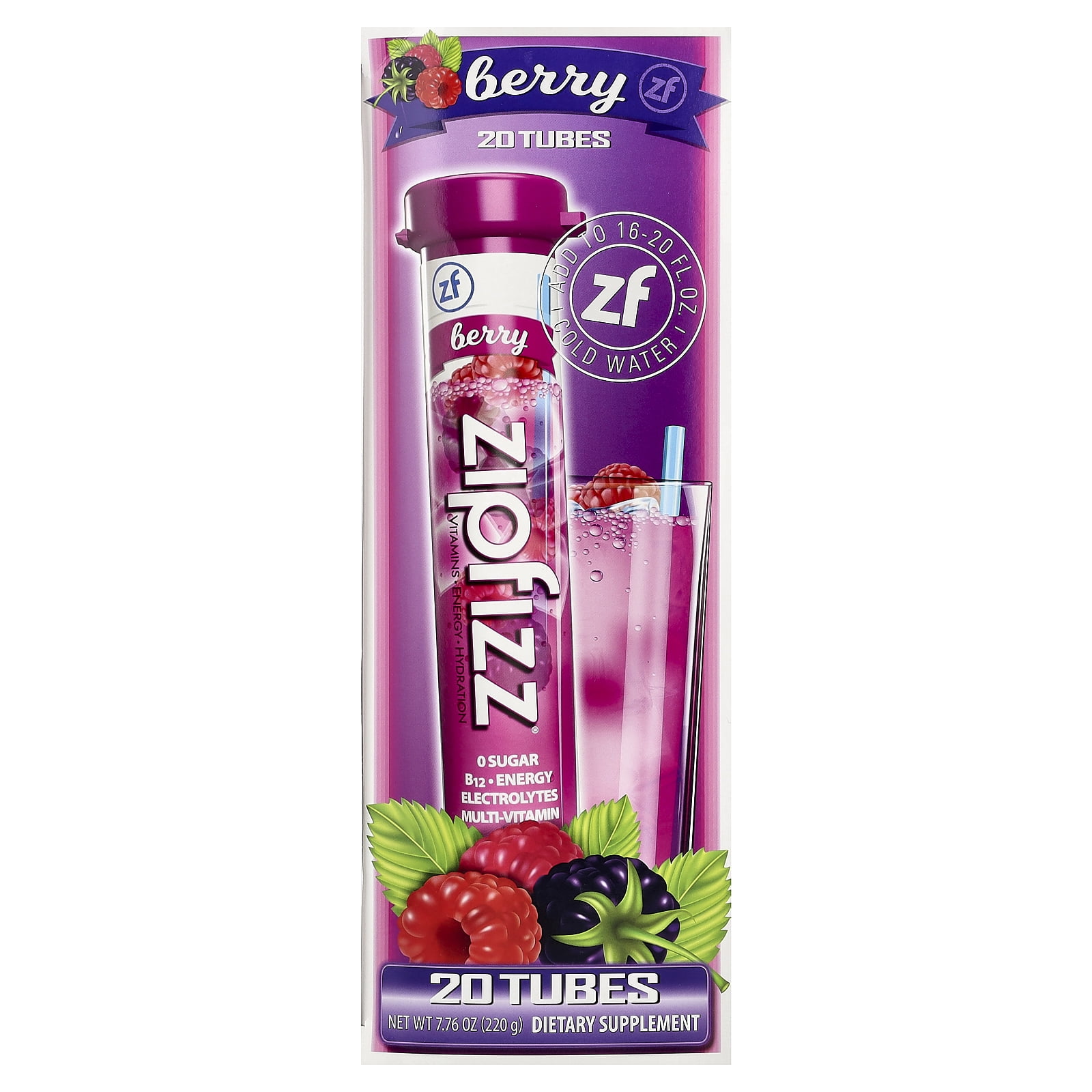 Zipfizz Sugar-Free Energy Drink Mix, Berry Flavor, 20 Tubes