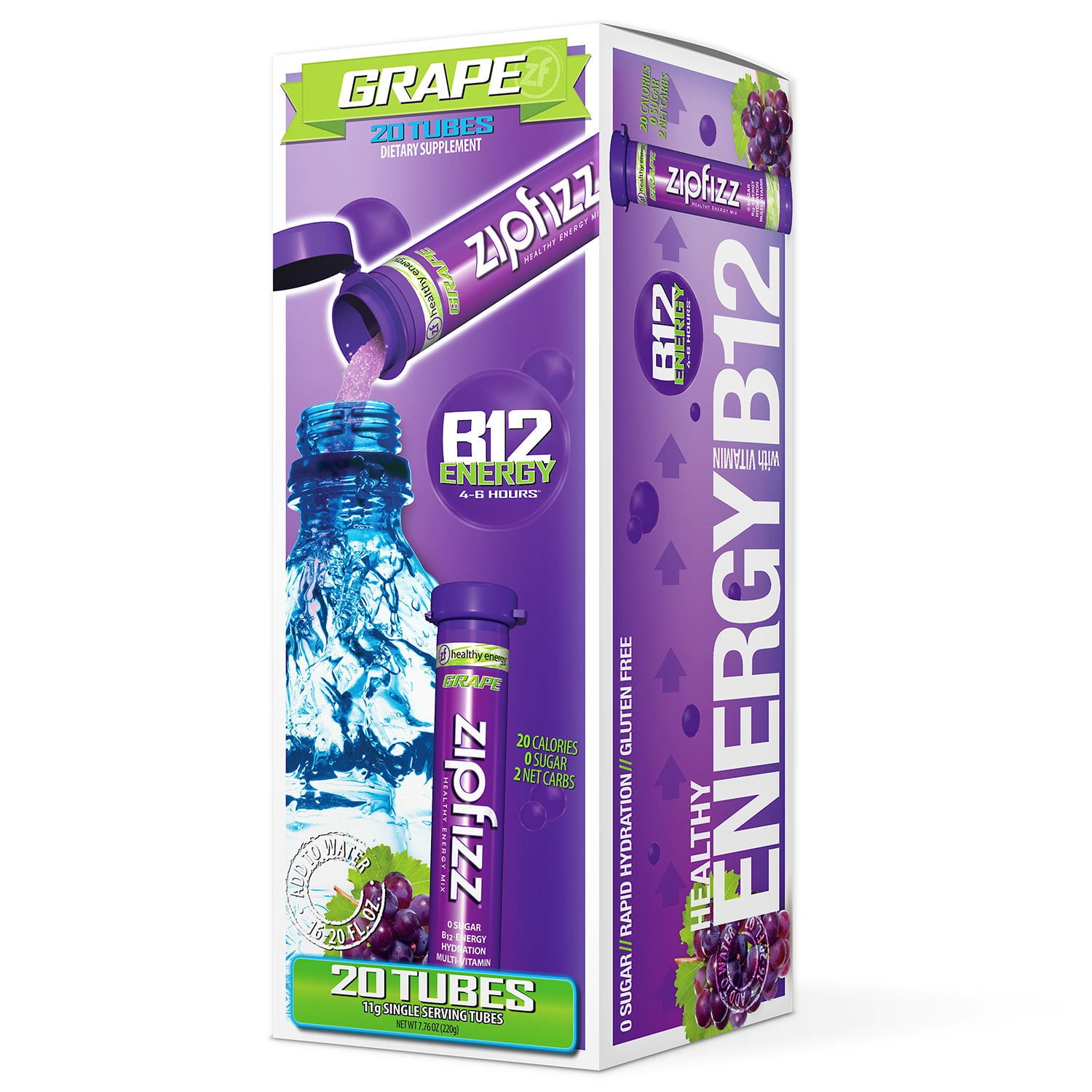 Zipfizz Energy Drink Mix, Electrolyte Hydration Powder with B12 and Multi Vitamin, Grape (20 Count)