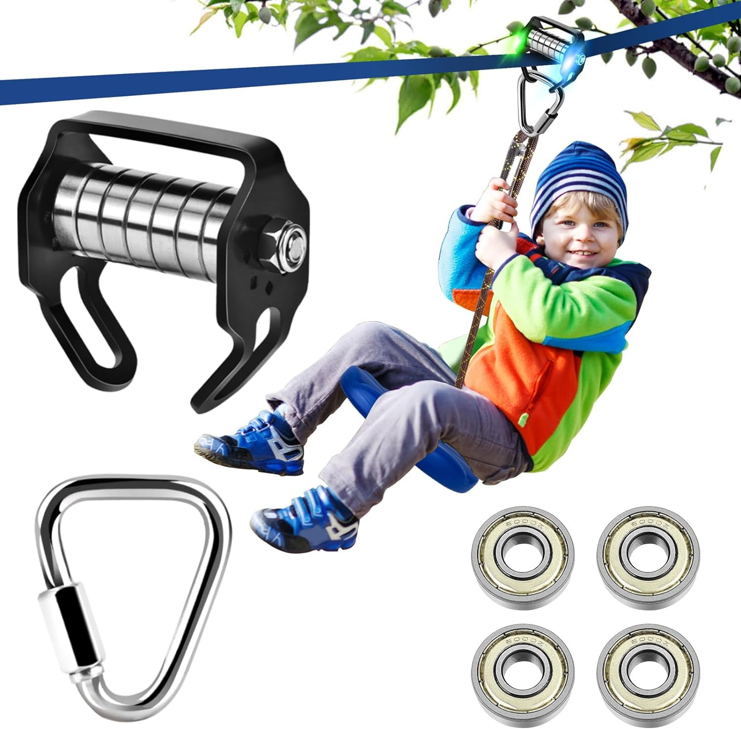 Zipline Pulley Kit for Slacklines Zip Line Kit for Outdoor Backyard Kids and Adult, Turn