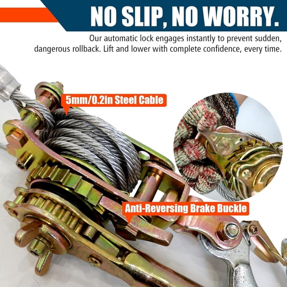 Zipline Tensioning Kit, Come Along Winch 2200lbs with Cable Grip Steel Wire Puller Tools & 2 Hooks, Portable Steel Cable Puller for 3/16" to 1/2" Cable, Cable Winch Puller