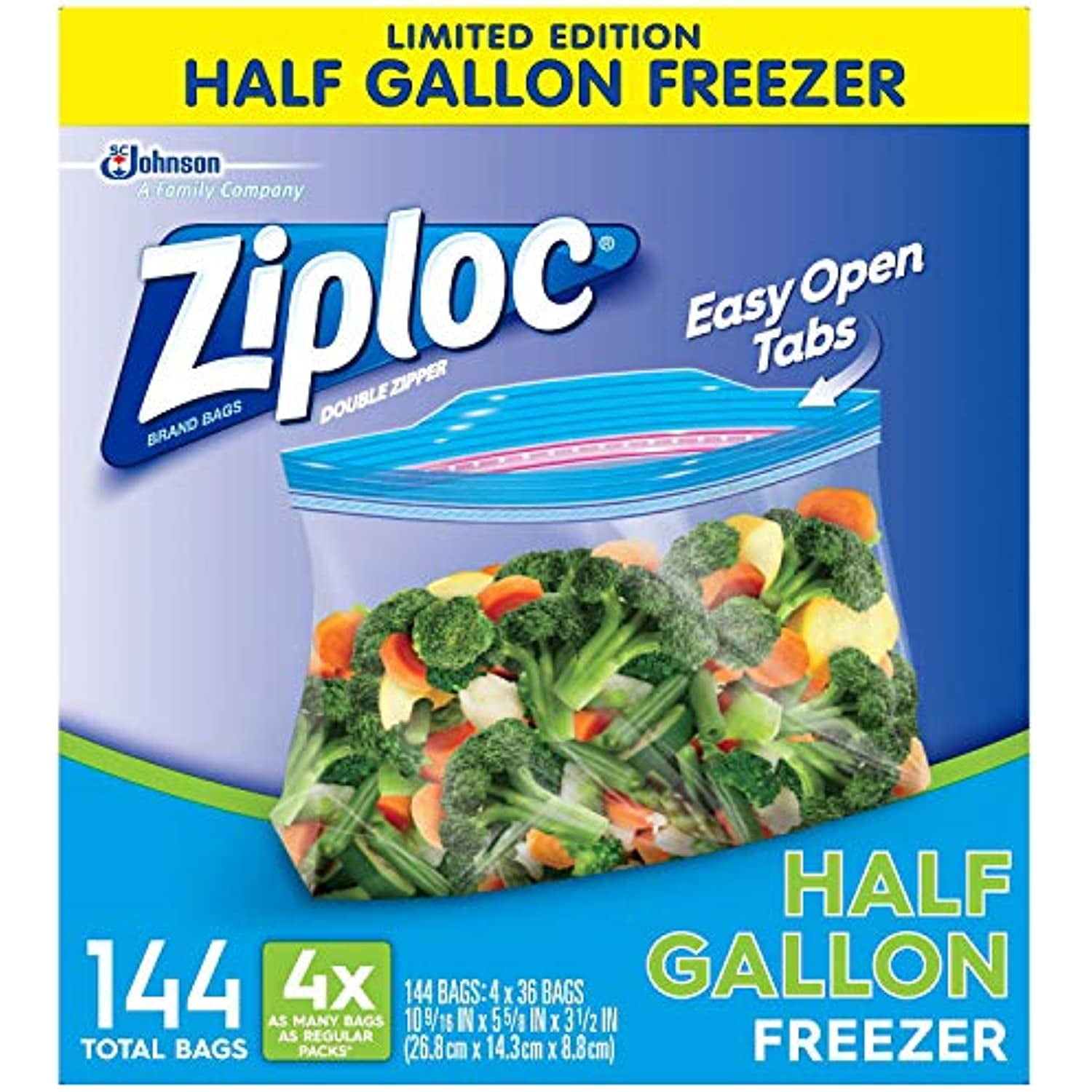 Ziploc 1/2 Gallon Freezer Bags, 144 Count (Pack Of 36), Original
