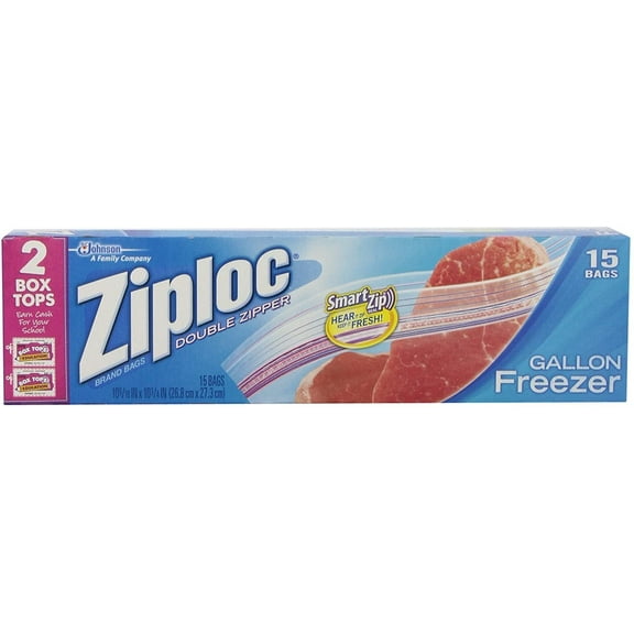 SC Johnson Ziploc Freezer Bags Gallon Size - Zipper Seal - 15 Count Box, Pack of 12