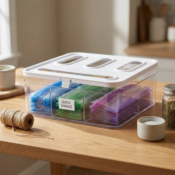 Ziploc Bag Organizer for Kitchen Drawer Clear Acrylic Ziplock Bag Storage Organizer, 4 Slot Food Storage Bag Holder for Gallon, Quart, Sandwich & Snack Bags, Drawer Organizer Container