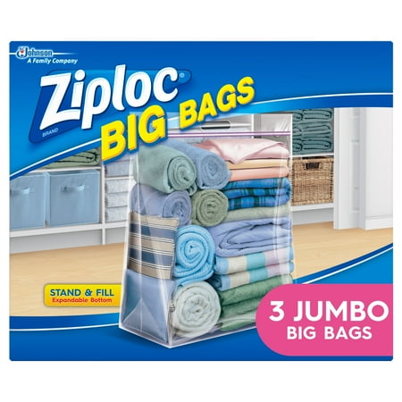 Ziploc® Big Bags, Jumbo, Secure Double Zipper, 3 ct, Expandable Bottom, Heavy-Duty Plastic, Built-In Handles, Flexible Shape to Fit Where Storage Boxes Can't
