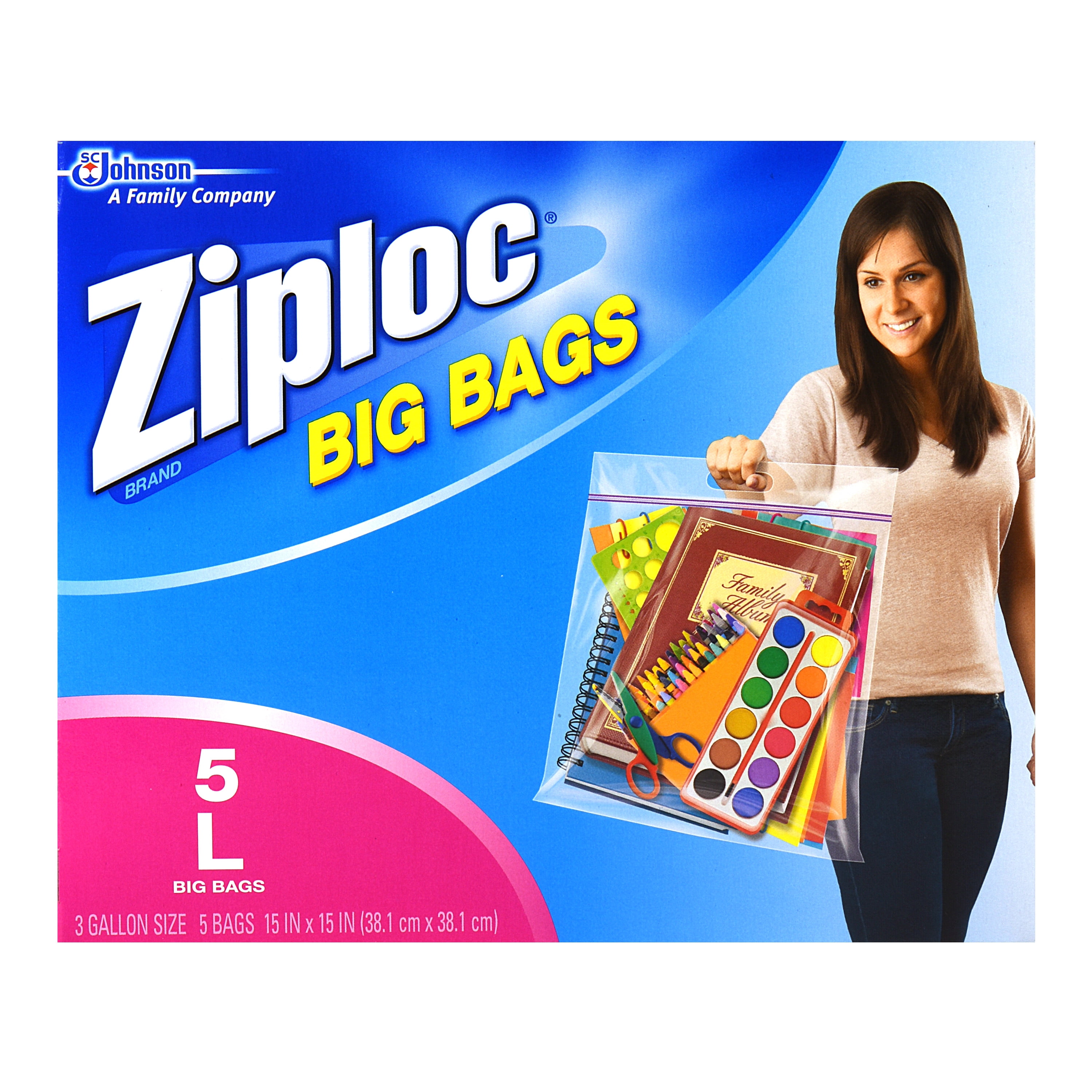 Ziploc® Big Bags, Large, Secure Double Zipper, 5 ct, Expandable Bottom, Heavy-Duty Plastic, Built-In Handles, Flexible Shape to Fit Where Storage Boxes Can't
