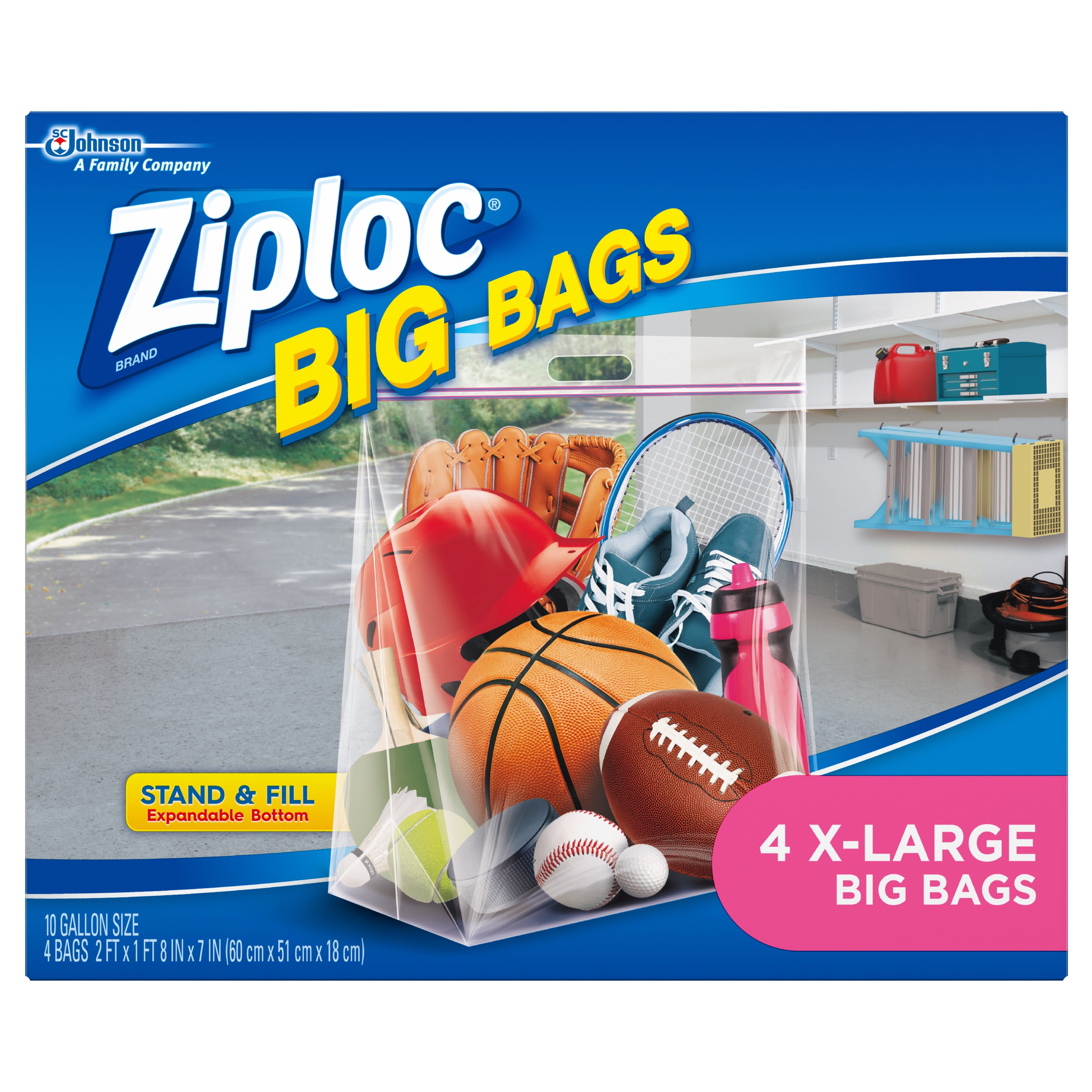Ziploc Big Bags, X-Large, Secure Double Zipper, 4 ct, Expandable Bottom, Heavy-Duty Plastic, Built-In Handles, Flexible Shape to Fit Where Storage Boxes Can't