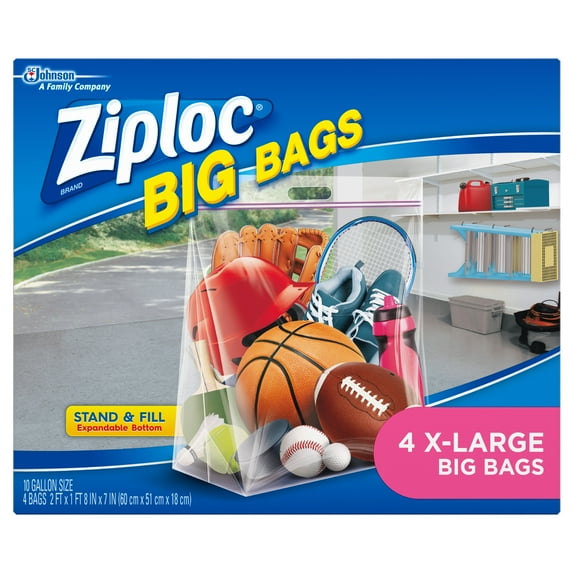 Ziploc® Big Bags, X-Large, Secure Double Zipper, 4 ct, Expandable Bottom, Heavy-Duty Plastic, Built-In Handles, Flexible Shape to Fit Where Storage Boxes Can't