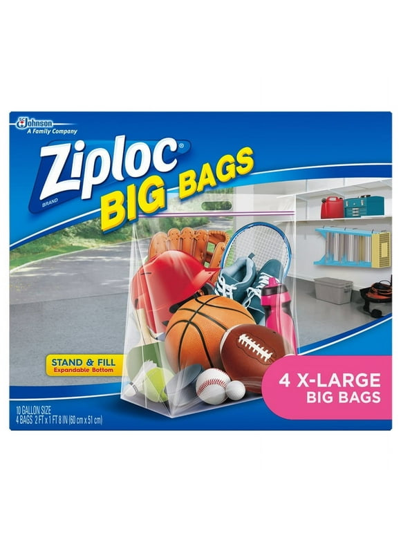 Ziploc® Big Bags, X-Large, Secure Double Zipper, 4 ct, Expandable Bottom, Heavy-Duty Plastic, Built-In Handles, Flexible Shape to Fit Where Storage Boxes Can't