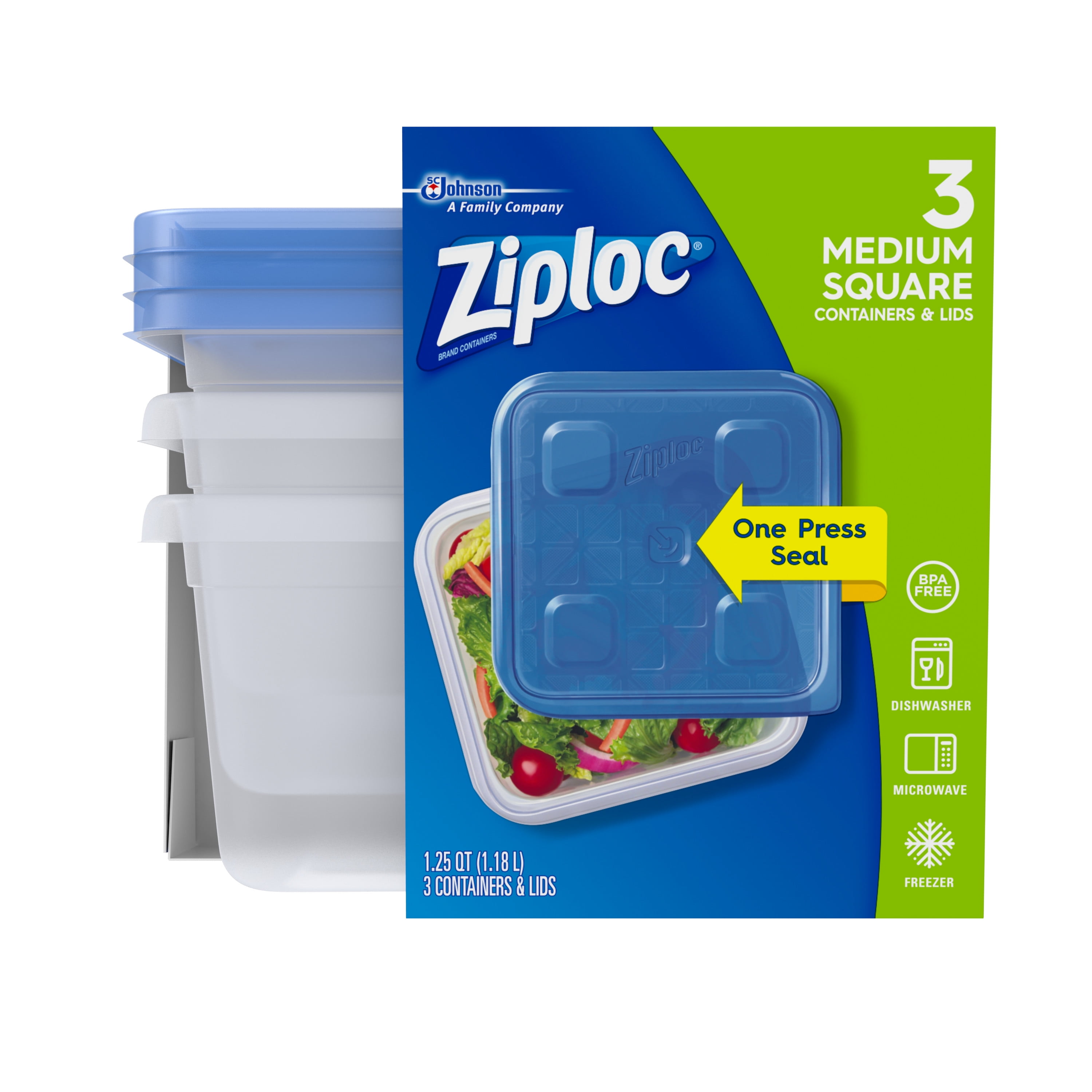 Ziploc® Brand, Food Storage Containers with Lids, Smart Snap Technology,  Deep Square, 3 ct