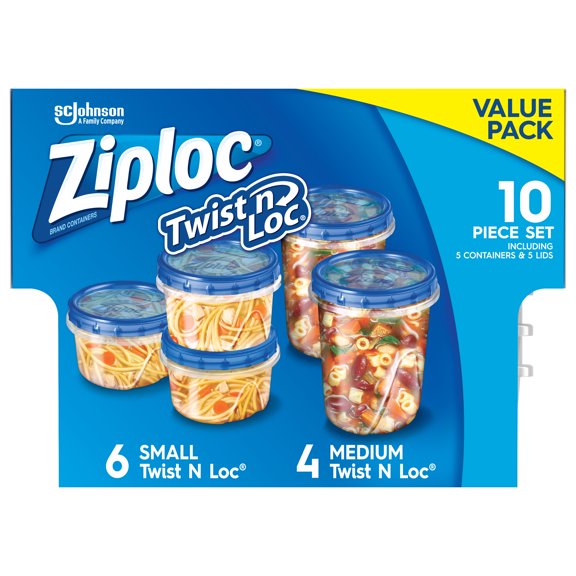 Ziploc Brand, Food Storage Containers with Lids, Twist 'n Loc, Small, Medium, 5 ct
