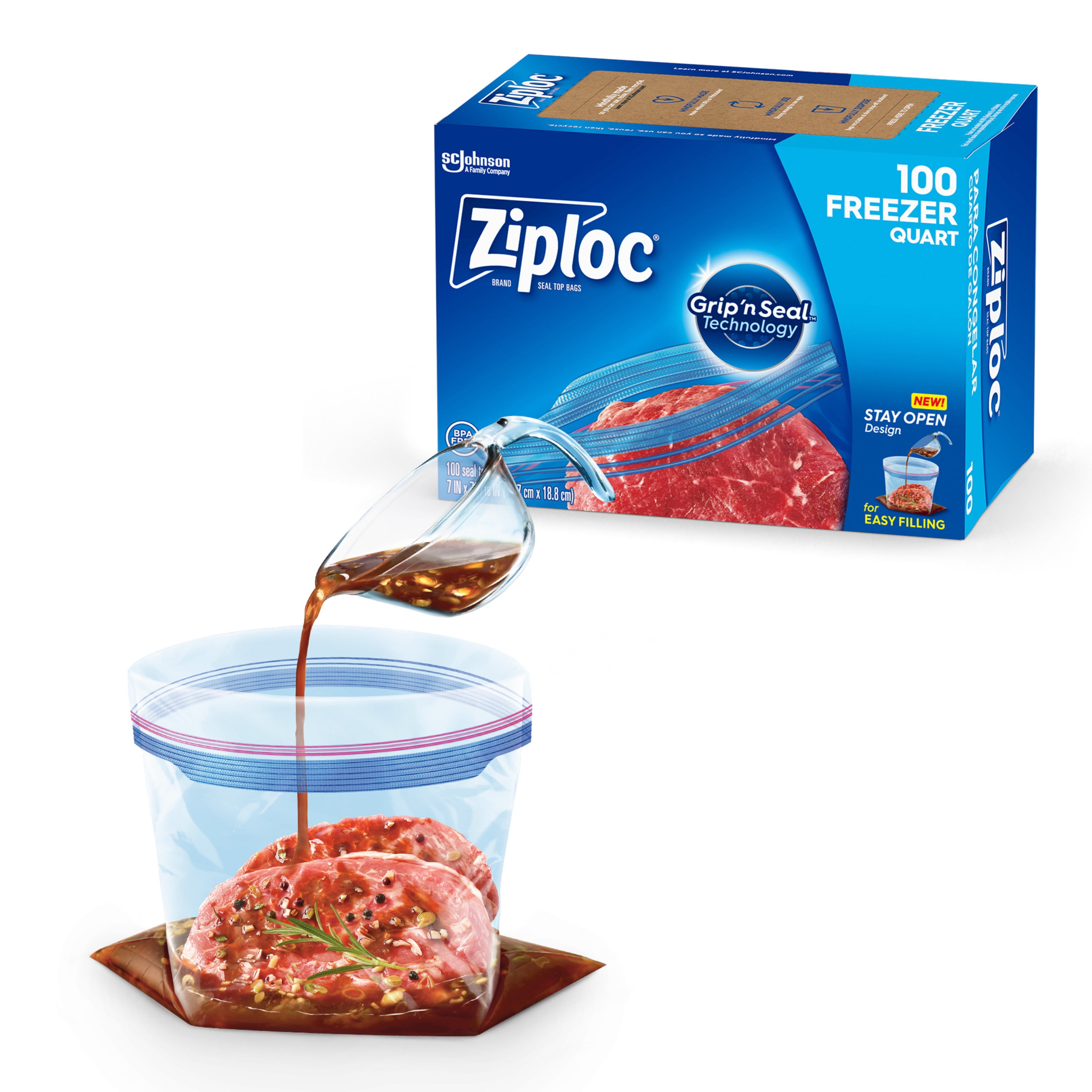 Ziploc® Brand Freezer Bags with New Stay Open Design, Quart, 100 Count